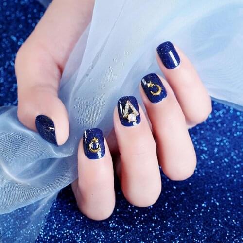 24pcs/boxed Beautiful Simple Atmosphere Fashion Blue Star Moon Short press on nails glitter Durable fake nails with 2g glue DIY