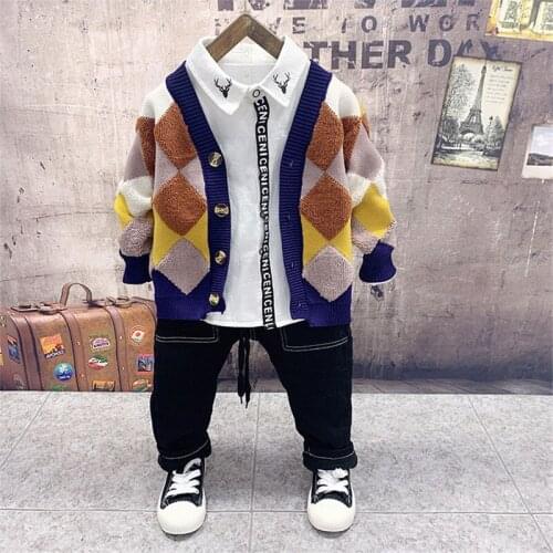 2 3 4 5 6 Y Toddler Boys Clothing Sets Fashion Thick Shirt Knit Cardigan Pants 3pcs Children Sport Suit For Boy High Quality New
