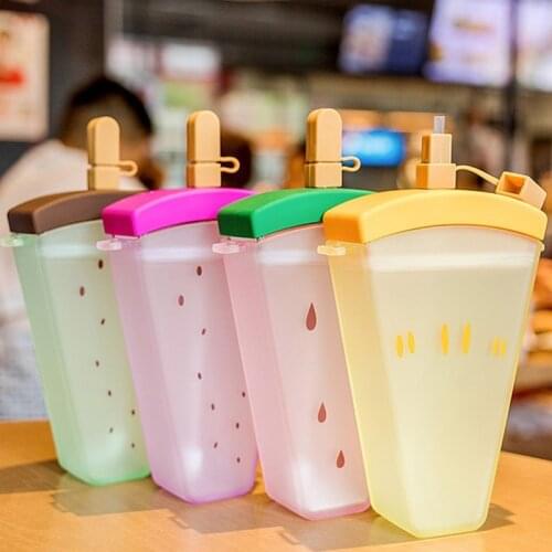 350ml Watermelon Straw Cups, Cute Water Bottles with Straws, Leakproof Plastic Ice Cream Cups with Strap, Juice Drinking Cup