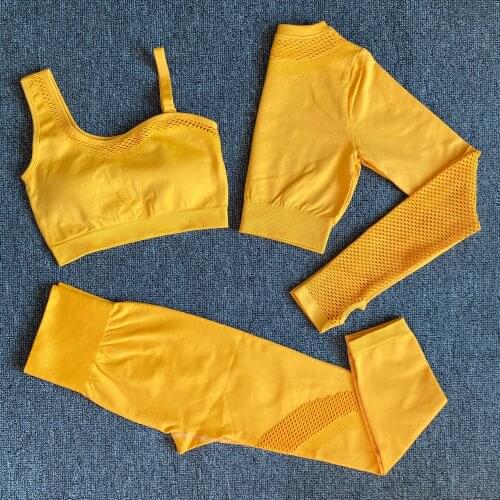 Seamless Yoga Set Hollow Woman Sportswear 3 Pieces Long Sleeve Crop Top+Gym Leggings+Sport Brassiere Female Fitness Sports Suits