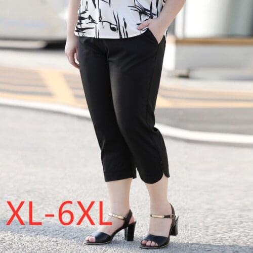 New 2021 Korea summer plus size capri pants for women large loose casual black chiffon pocket straight trousers 3XL 4XL 5XL 6XL