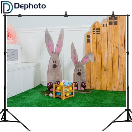 Dephoto Happy Easter Bunny Party Decorations Backdrop Colorful Eggs Rabbit Basket Wood wall Photography Background Photo Banner