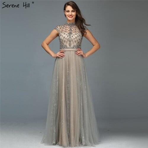 Dubai Grey High-end O-Neck Sexy Evening Dresses 2021 Sleeveless A-Line Diamond Beading Formal Dress Real Photo LA70142