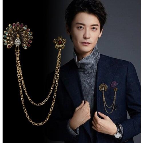 Korean Retro Suit Metal Brooch Jewelry Luxury Sweater Vintage Animal Peacock Tassel Lapel Pin Double-layer Chain Men Accessories