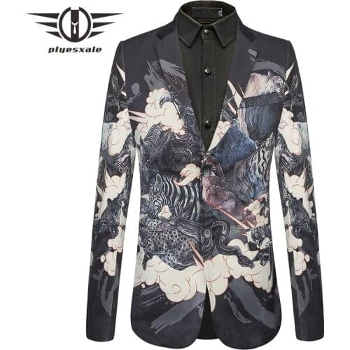Plyesxale Slim Fit Mens Velvet Blazers Bear Tiger Crocodile Pattern Animal Printed Blazer Jacket Male Stage Prom Blazer Q437