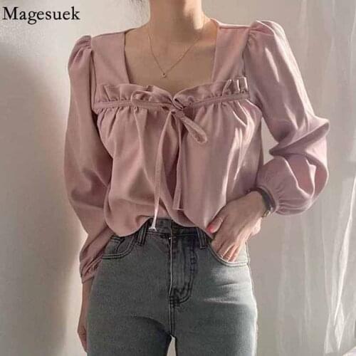 New Square Collar Puff Sleeve Vintage Shirt Autumn Korean Long Sleeve Womens Blouses Lace-up Pleated Womens Tops Blusas 16367