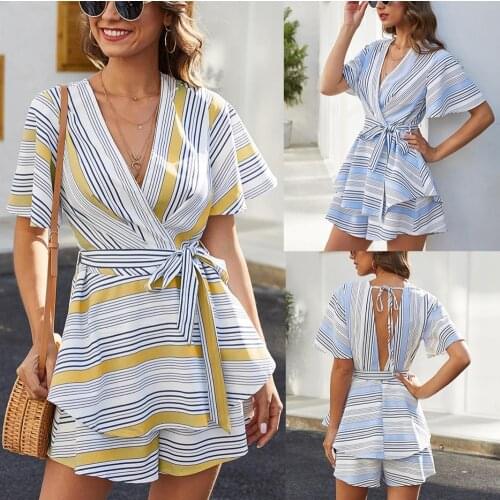 2020 New Womens Striped Contrast Color Jumpsuit Sexy Backless Waist Jumpsuit Shorts Female summer yellow blue