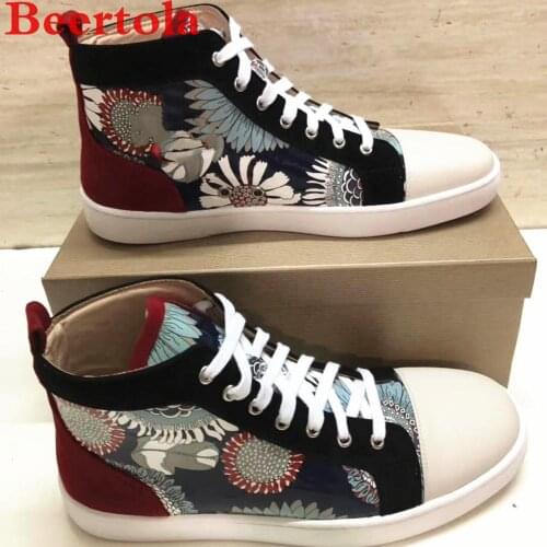 New Patent Leather Mens Flats Shoes Suede Patchwork Mixed Color Plant Leaves Flowers Print Shoes High Top Casual Shoes For Men
