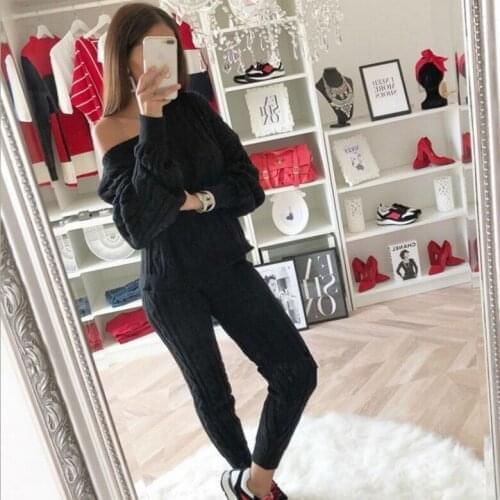 Ueteey New Two-piece Casual Homewear Warm Sweater Off-shoulder 12 Color Women Pant Set