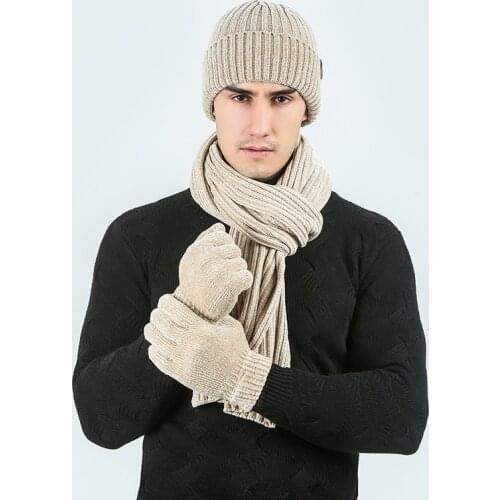 Autumn And Winter Hot Selling Warm Scarf Hat Gloves 3pcs Set Solid Color Ribbed Pattern Knitted Wool Hat Scarf Set