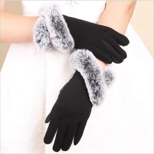 Winter Autumn Women Warm Cashmere Imitation Rabbit Hair Elegant Lady Touch Screen Windproof Cycling Gloves