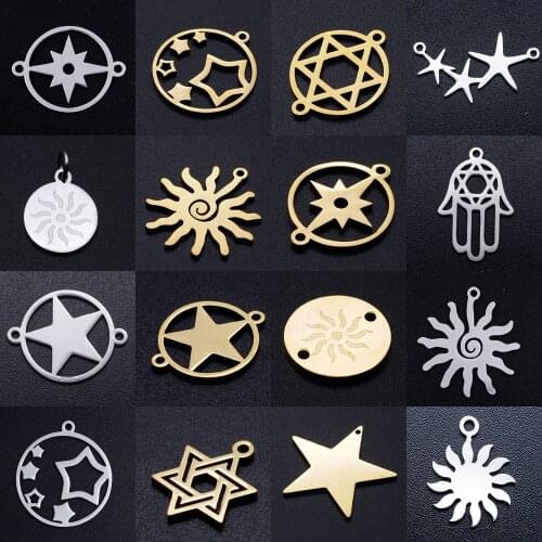 5pcs/lot diy star of david stainless steel charm pendant wholesale golden sun hamsa hand jewelry bracelet connector charms