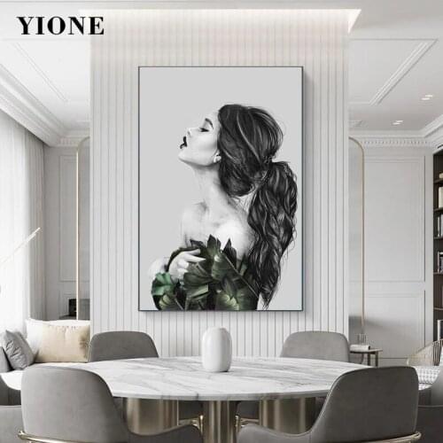 Modern Art Green Leaves Woman Canvas Paintings Black and White Sexy Girl Posters and Prints Wall Pictures for Living Bedroom