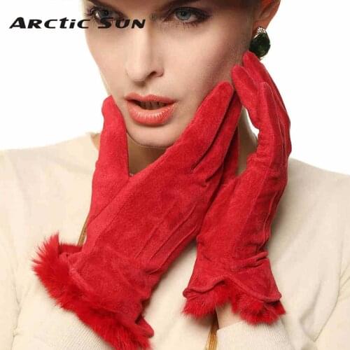 Special Offer Women Gloves Wrist Solid Rabbit Hair Pigskin Suede Glove Fashion Short Genuine Leather Female Driving L130NN