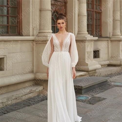 Bohemian Wedding Dresses 2021 Beach V Neck Long Sleeves Lace Appliques Dream Bridal Gowns Boho A Line Bride Dress Plus Size
