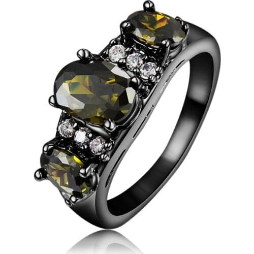 Vintage Pigeon Egg Cut Olive Green Zircon Wedding Rings For Women Black Gold Filled Jewelry Cubic Zirconia Stone Ring LR0629C