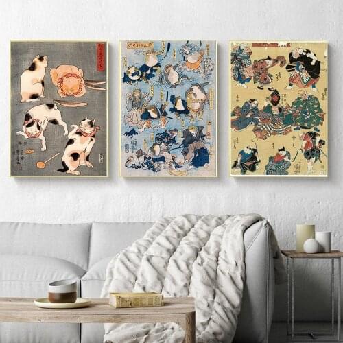 Japanese Samurai Cat Vintage Poster Wall Japanese Frog Art Canvas Painting Living Room Decoration Animal Bedroom Print Picture