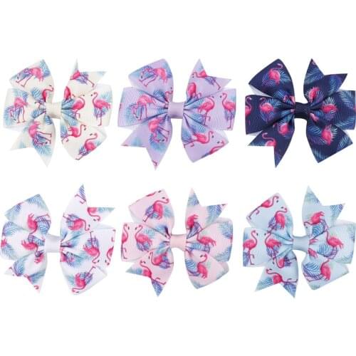 30 pcs/lot, 3 inch flamingo print ribbon bow hair clips, boutique hair bow clips baby girls hair accessories
