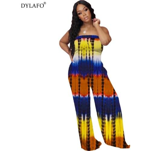 Women Tie-Dye Print Strapless Jumpsuits 2021 Summer Sexy Backless Lace-up Sleeveless Loose Straight Wide Leg Rompers Playsuits