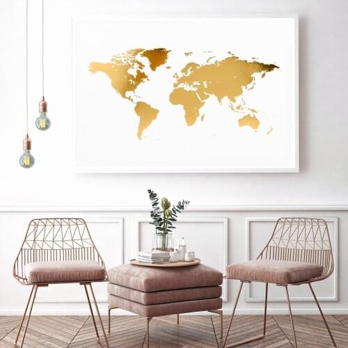 Gold Wold Map Print Office Decor Modern Minimalism Golden World Map Poster Canvas Painting for Living Room Home Wall Art Picture