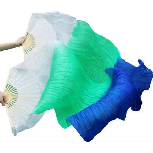High Quality 100% Silk Belly Dance Fans 1 Pair Belly Dance Performance Props Fans Gradient Color White+Green+Royal blue 180x90cm