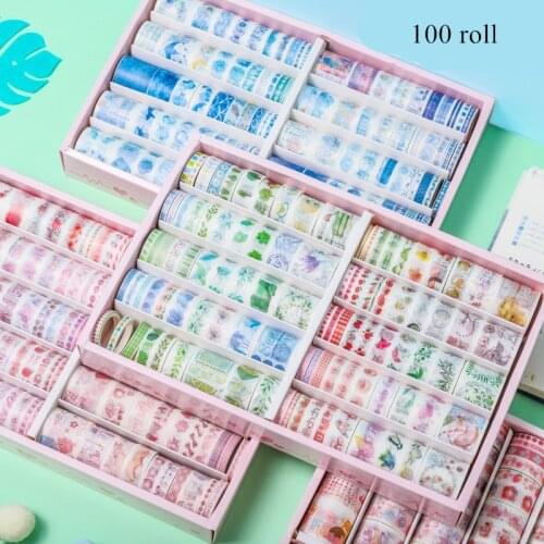 100Pcs/box Washi Tape Set Kawaii Flower Plant Masking Tape Vintage Decorative Tape for Sticker Scrapbooking Diary Stationery