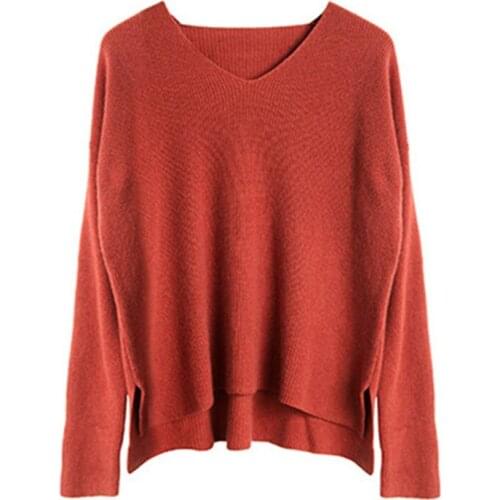 100%hand made wool cashmere blend knit women fashion Vneck loose open hem pullover sweater solid color S-2XL