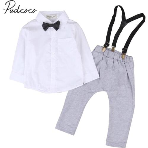 2018 Brand New Toddler Baby Boy Formal Casual Clothes Sets 2PCS Long Sleeve Solid White Shirts Tops Grey Overall Bib Pants Sets