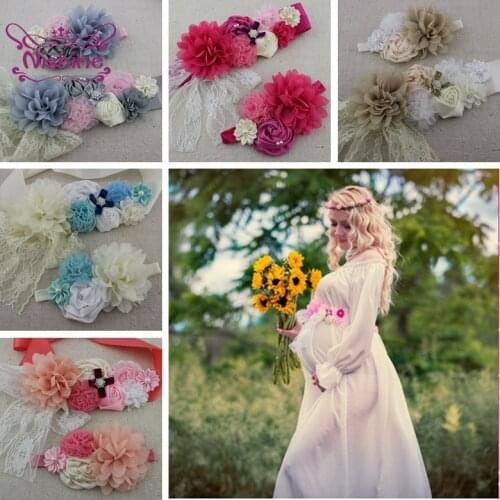 6 Colors Chiffon Flower Belt and Headband Set Pearl Rhinestone Bowknot Floral Sash Bridesmaid Dress Accessories Party Decoration