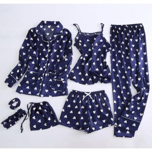 7 Pcs Set Love Pattern Sweet Printing Fashion Women Pajamas Ice Silk Pyjamas Set