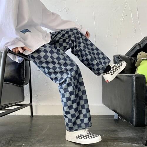 Mens Korean Streetwear Plaid Jeans Men Casual Oversize Straight Denim Trousers Male Hip Hop Fashion Plus Size Wide Leg Jeans