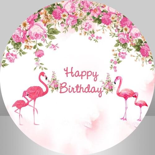 Flamingo Celebration Birthday Round Background Summer Aloha Hawaiian Backdrop Pink Flowers Circle Cover Banner