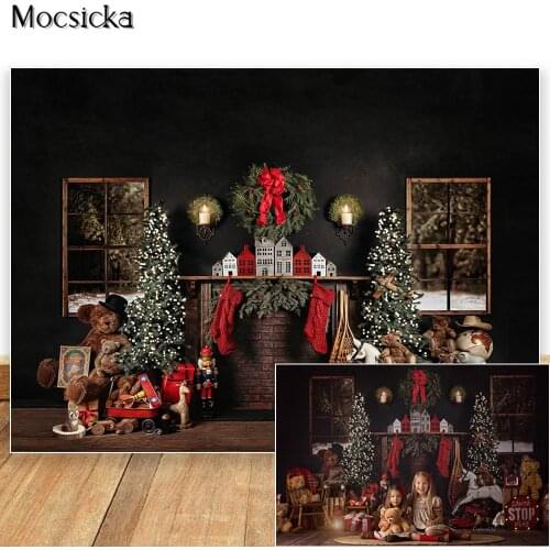 Christmas Backdrop Christmas Tree Decoration Photography Background Snow Window Bear Gift Photographic Studio Photo Background