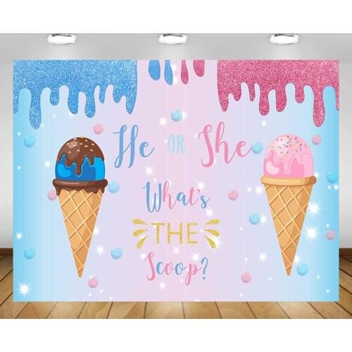 Mehofond He Or She Gender Reveal Backdrop For Photography Baby Shower Ice Cream Blue Pink Bokeh Background Photocall Photozone