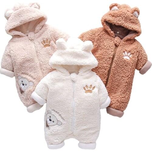 Winter Baby Boy Girl Romper Fleece Embroidery Bear Animal Thick Warm Hooded Zipper Romper Jumpsuit Newborns Clothing