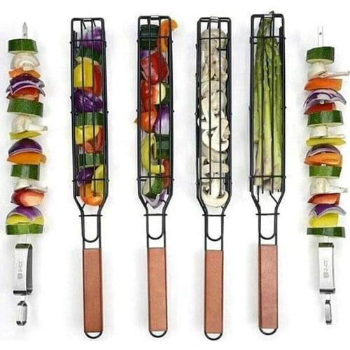 Kabob Grilling Basket Heavy-gauge Steel for Grilling Veggies Barbecue Shish Kabobs Fruit Fish Chicken