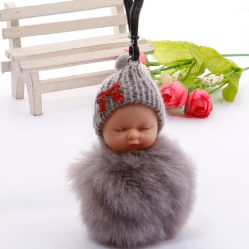 Cute Sleeping Baby Doll KeyChains For Women Bag Toy Key Ring Fluffy Pom pom Faux Fur Plush Keychains Keyring Bag