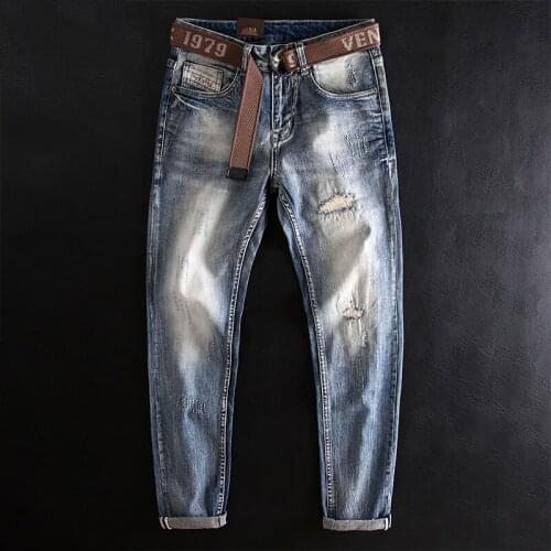 Korean Style Fashion Men Jeans Retro Light Blue Elastic Slim Ripped Jeans Men Patchwork Embroidery Designer Casual Denim Pants