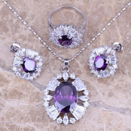 Purple Cubic Zirconia White CZ Silver Plated Jewelry Sets Earrings Pendant Ring Size 6 / 7 / 8 / 9 / 10 S0029