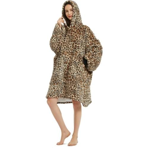 Oversized Blanket Hoodie Leopard Large Blanket Sweatshirt Robe Sherpa Fleece Robe Blankets With Sleeves And Hood
