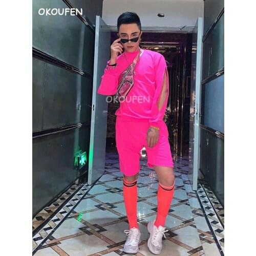 Nightclub Bar Male Singer Summer DJ DS Phosphor Pink Hip Hop Set Party Theme Performance Costume