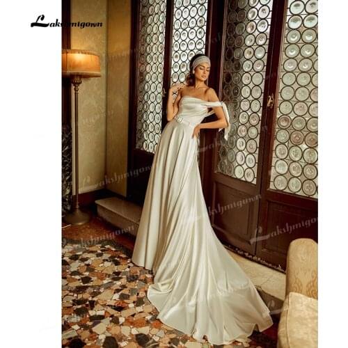 Simple Soft Satin A-Line Wedding Dresses One The Shoulder Strapless Neck Sleeveless Sashes Open Back Court Train Bride Gowns