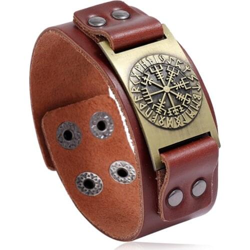 Vintage Viking Retro Compass Men Wide Bracelet Genuine Leather Wristbands Nordic Runes Charms Bangle Women Fashion Punk Jewelry