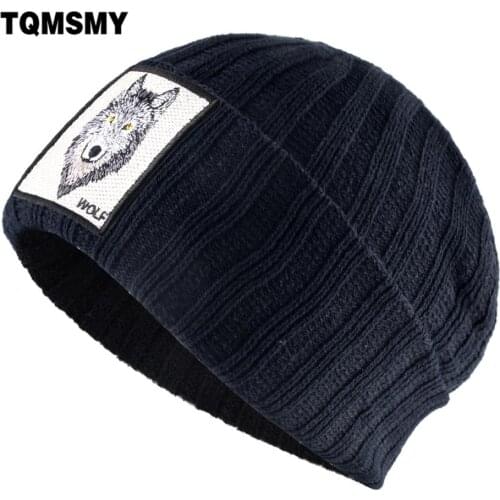 TQMSMY Streetwear Skullies Beanies Men Knitted Solid Hat With Wolf Patch Fashion Hip Hop Hats Women Winter Outdoor Warm Gorras
