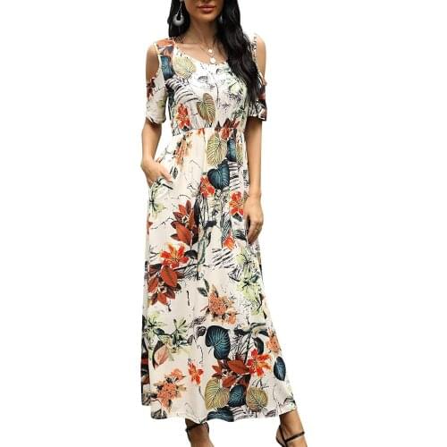 Vestido Casual Verano Playa para Mujer Vestido de Hombro Frio con Bolsillos