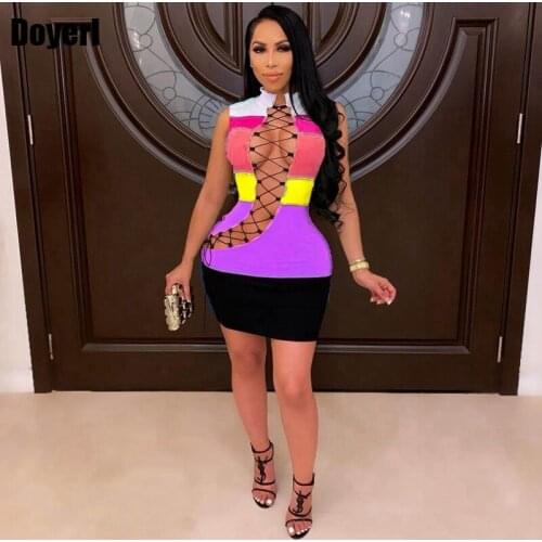 Hollow Out Lace Up Sexy Party Dress Women Elegant Sleeveless Mini Bodycon Summer Dress Ladies Slim Night Club Celebrity Dresses