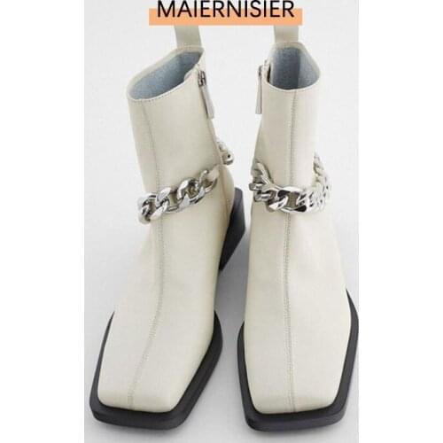 2021 Autumn And Winter New WomenS Retro Chain Ornament Square Toe Side Pull Thick Heel Fashion Slim Boots Women
