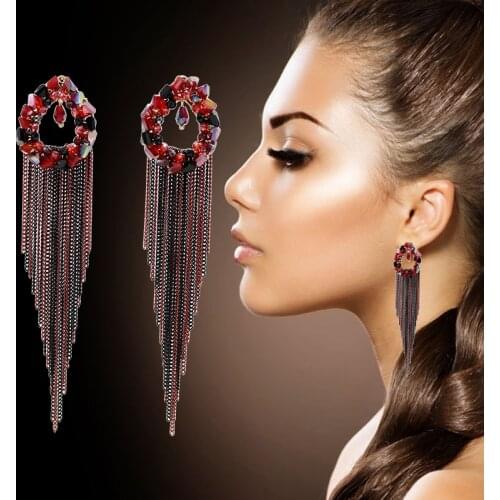 Hot new Handmade Boho Red Crystal Beaded Chain Tassel Long Earrings Woman luxury Bohemian Jewelry Send wife and mom Gifts