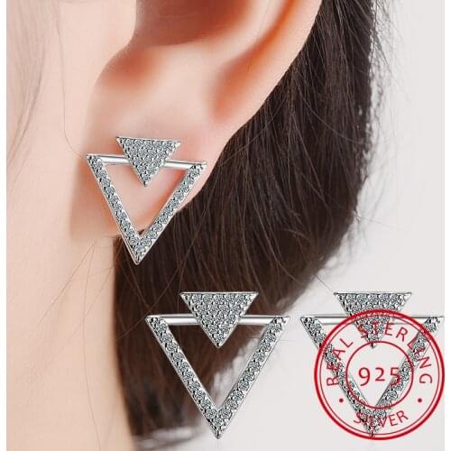 925 Sterling Silver Jewelry Shiny Zirconia Crystal Hollow Triangle Stud Earrings For Women pendientes Oorbellen S-E358