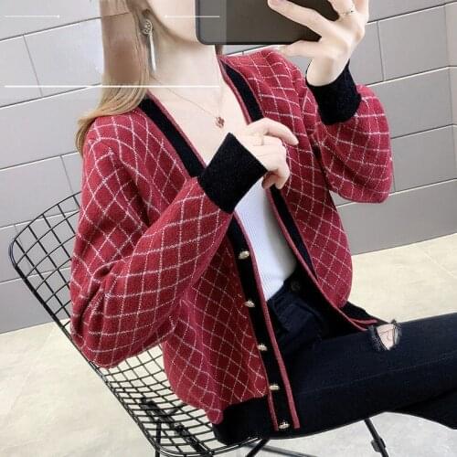 2021 Women New V Neck Button Cardigan Female Casual Plaid Long Sleeve Sweater Autumn Winter Knitted Loose Jumper Cardigan Q831